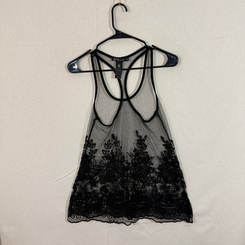 Grass Collection Black Sheer Mesh Floral Embroidered Racerback Tank Top Medium